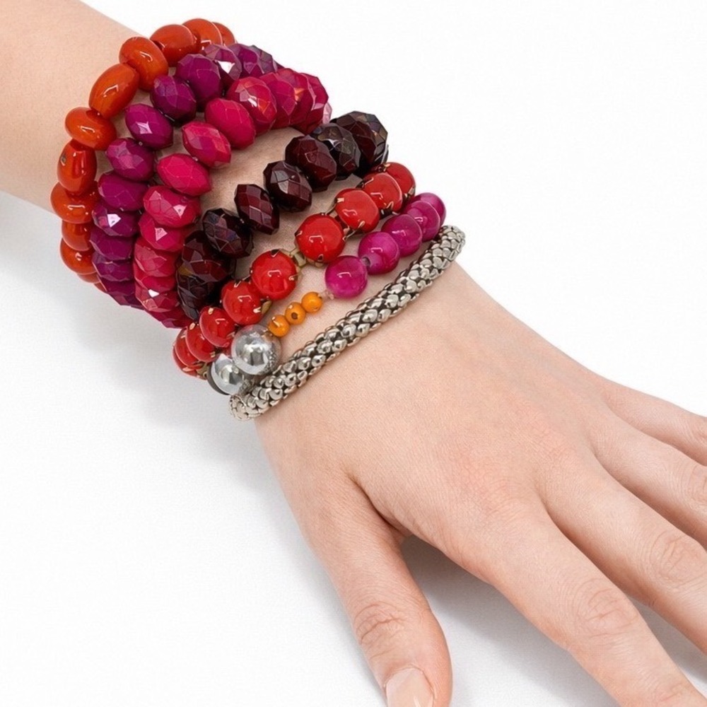 Boho Beaded Stretch Bracelet Set Red Pink Purple Orange Silver Tones Chic 103-01